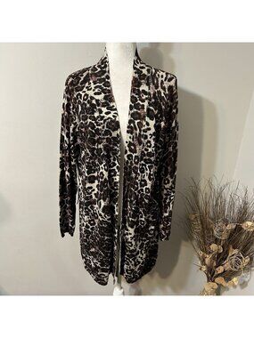 NWT COMO Black Women Animal Print Tunic Long Cardigan Sweater Open Front Sz L